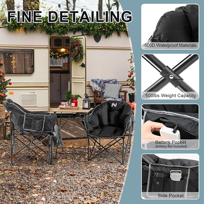 MOPHOTO Heated Camping Chair Portable Heated Camping Chairs Outdoor Padded Oversized Heated Folding Chairs Outdoor Sports Heating Lawn Chair Patio Lounge Chairs for Adults