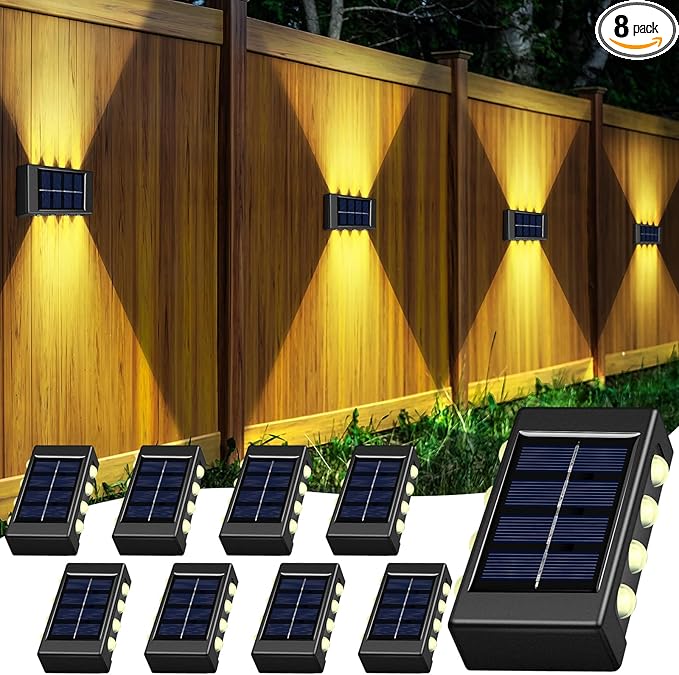 8 Pack Solar Wall Lights for Outside 3000K Warm Solar Fence Lights Up and Down Autumn LED Outdoor Decorative Waterproof Lamps Dusk to Dawn LED Lighting Wall Sconces for Outside Deck Garage