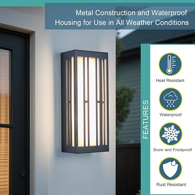 Outdoor Wall Lights IP65 Waterproof &amp Anti-Rust 1700 Lumens LED Porch Light Triac Dimming Textured Black Metal with White Acrylic Shade &amp UV RatedWall Mount for Patio Entryway
