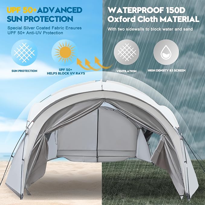 Large Beach Canopy Tent 14 X 14ft UPF 50+ Pop Up Sun Shelter for 8-10 Person Portable Beach Sun Shade with Side Walls for Camping Fishing Backyard Fishing Parties Picnics