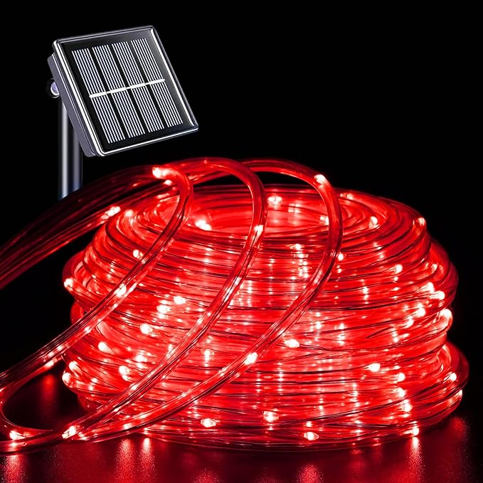 YEGUO Solar Valentines Light Outdoor Waterproof 66ft 200 LED Red Rope Lights 8 Modes Tube Christmas String Lights in Clear Thin Tube