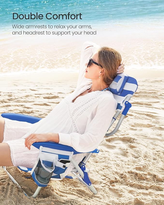 SONGMICS Portable Backpack Beach Chair 331 lb Capacity 4 Angles Adjustable Backrest 2 Side Pockets Towel Bar Blue and White UGCB62BU