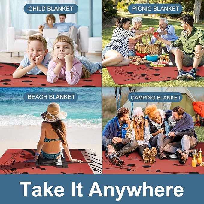 Music Note Piano Beach BlanketPortable Waterproof Picnic Blanket58.3''x 58.3'' Extra Large Picnic Mat for BeachCamping Grass Lawn Park Accessorie for Festival BBQ