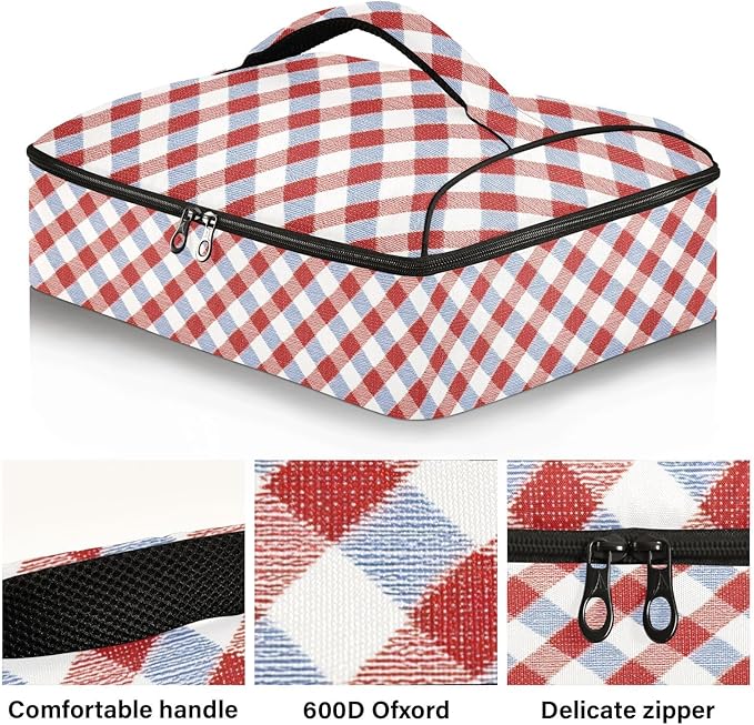 Casserole Carrier Red and Blue SquaresInsulated Casserole Carrier for Hot or Cold Food Thermal Lunch Tote for Potluck Parties Picnic Beach Fits 9 x 13 Inches Baking Dish