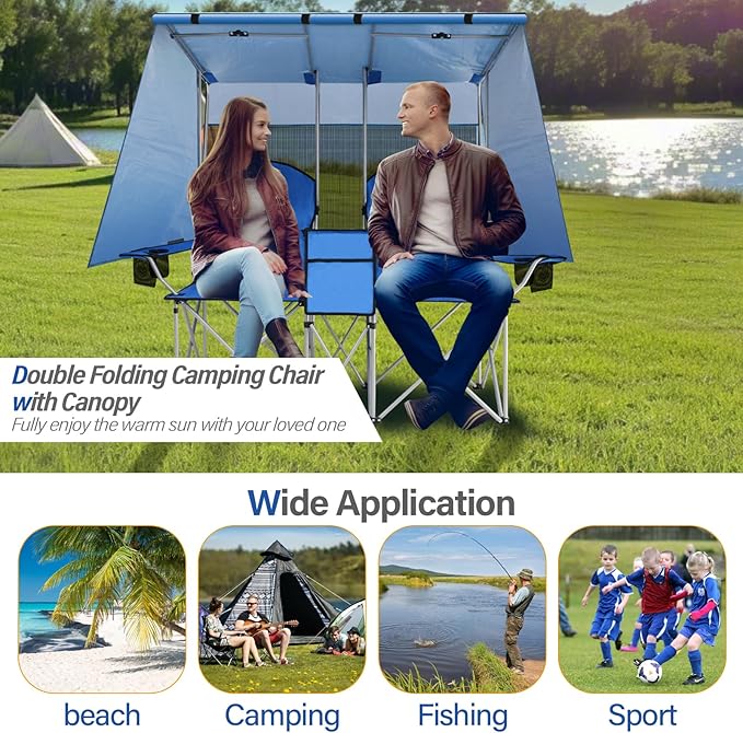 BDL Double Camping Chair with Canopy Two Person Folding Loveseat with Shade Heavy Duty Beach Chair with Cooler Bag Cup Holder for Outside Fishing Sports Beach-Sky Blue