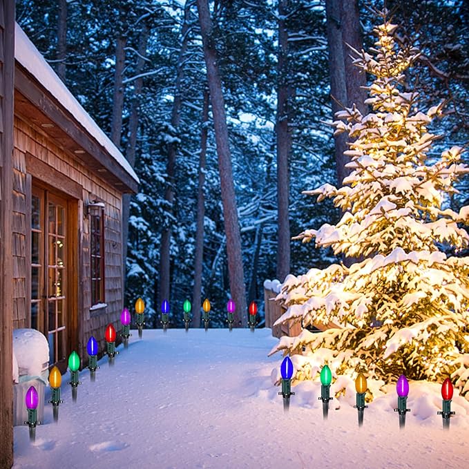 Abeja C9 LED Christmas Pathway Light 38FT Multicolor Pathway Christmas Lights w/ 27 Multicolored Jumbo LED Bulbs Connectable Christmas Walkway Lights Lawn Walkway Lane Marker Lighting Decoration