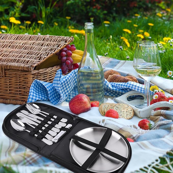Outdoor Camping Silverware 10Pcs Set Stainless Steel Outdoor Camping Mess Kits Includes Forks Spoons Knives Fork Spoon Dish and Cap Opener Plates - Portable Cutlery Bag