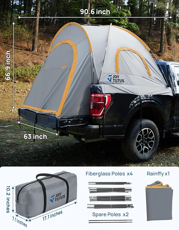 JOYTUTUS Pickup Truck Tent 2.0 Waterproof PU2000mm Double Layer for 2 Person Portable Truck Bed Tent with Rainfly 5.5'-5.8' Camping Preferred - Orange
