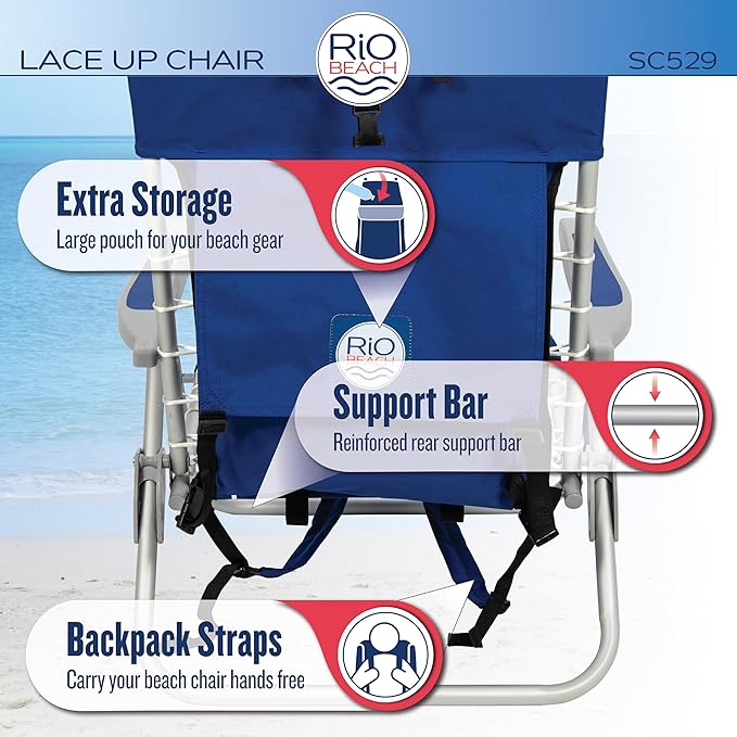 Rio Brands ASC529 4-Position Backpack Lace-Up Suspension Folding Beach Chair
