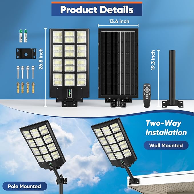 9000W Solar Street Light Outdoor Waterproof 27 240000LM Solar Light with Motion Sensor 6500K Dusk to Dawn Security LED Flood Light Commercial Outdoor Lighting for Parking Lot Yard Driveway Farm