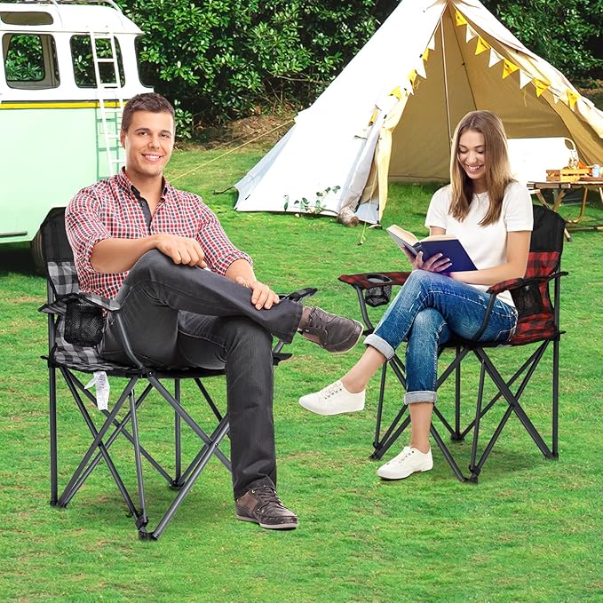 SUNNYFEEL Oversized Folding Camping Chair 2 Pack 800 LBS Heavy Duty for Big Tall People Red Padded Portable Collapsible Chairs with Armrest Cup Holder &amp Pocket for Outdoor Travel Picnic Camp Sport