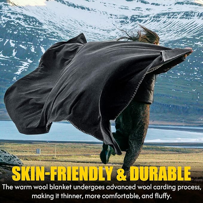 100% Wool Blanket 62 x 86 Warm Thick Washable Military Wool Blanket Great for Camping Outdoors Sporting Events Survival Kits