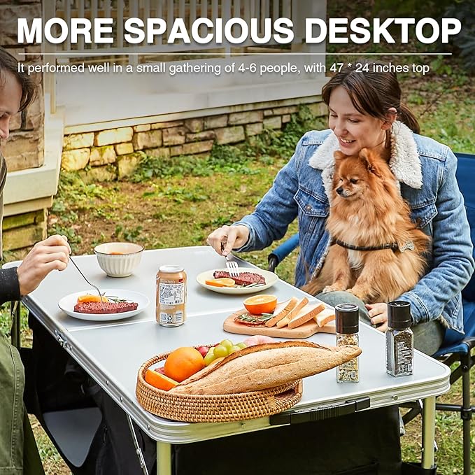 EVER ADVANCED Folding Camping Table with Storage 4 ft * 2 ft Aluminum Composite Desktop &amp Adjustable Legs Outdoor Kitchen Table for Tailgating Backyard BBQ and Picnic
