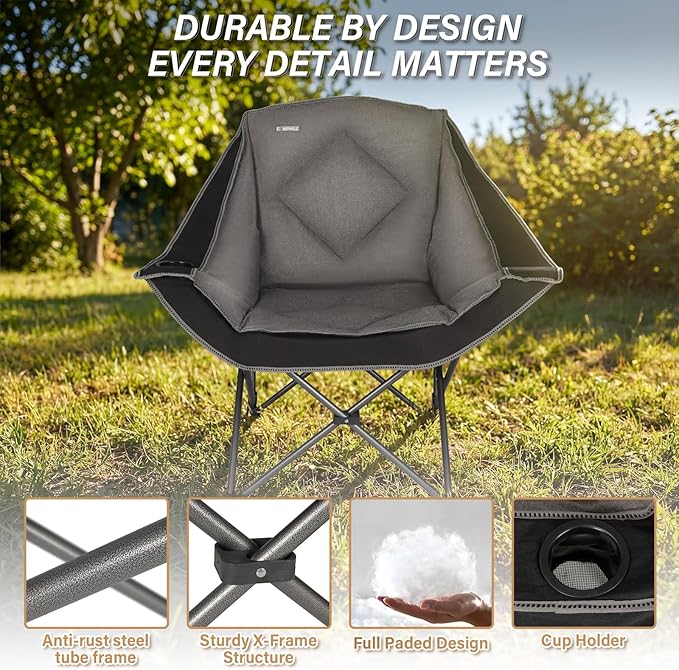 CAMPHILL Folding Camping ChairOversized Portable Camping Chair with Cup HolderHeavy Duty Padded Lawn Chair for Camping Tailgates Beach and Sports
