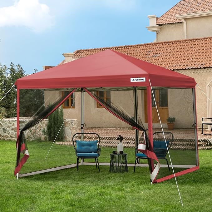 VIVOHOME 10x10ft Easy Pop-Up Canopy Outdoor Screen Tent with Mosquito Netting 2 Zipper Doors and Roller Bag for Yard Camping Picnic Party Events Red