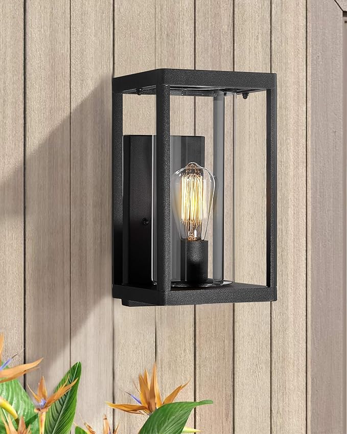 Beionxii Dusk to Dawn Outdoor Wall Sconces Modern Exterior Porch Light Wall Mount Lantern Black Cast Aluminum w/Clear Cylinder Glass - A291W-1PK