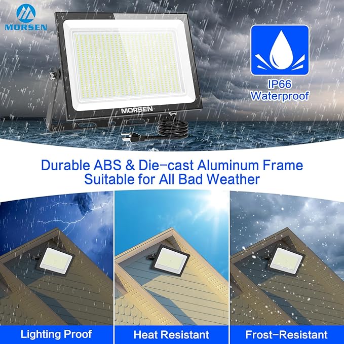 MORSEN 500W Flood Lights Outdoor 60000lm Bright LED Work Light with Plug 6500K Daylight White LED Flood Lighting IP66 Waterproof Security Yard Lights for Yard Garage Stadium 2 Pack