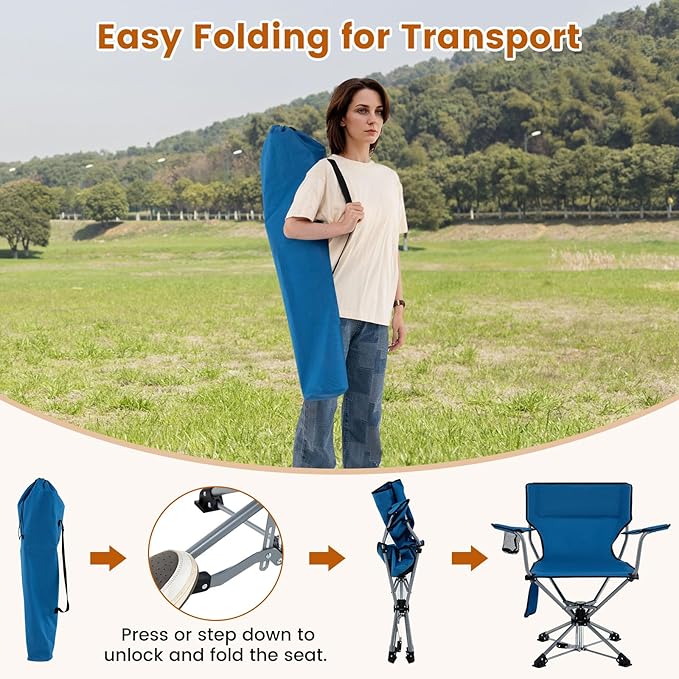 Tangkula Swivel Camping Chair Portable Lawn Chair with Cup Holder Storage Pocket Carrying Bag Lightweight Outdoor Folding Chair for Outside Camp Fishing Hiking Beach No Assembly Needed