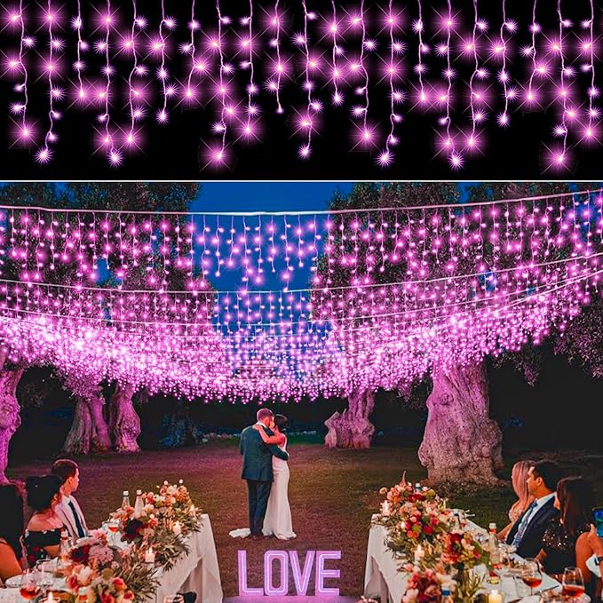 33FT 400 LED Icicle Lights for Outside Christmas String Light with 8 Modes 75 Drops Waterproof Plug in Valentines Lights Outdoor for House Room Yard Party Wedding Xmas Decorations Pink
