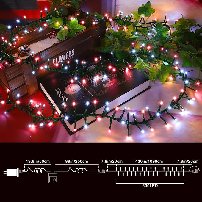 LAMPHOME 500 LED String Lights Outdoor 16 Modes Plug in Twinkle Fairy Lights for Bedroom 46ft 500LED Christmas Lights Cluster Lights Outdoor Waterproof Red&ampWhite Bulb