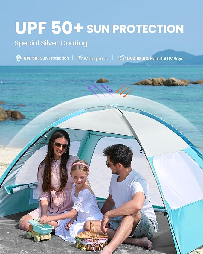 OutdoorMaster Beach Tent for 3/4/6/8 Person - Easy Setup Sun Shade Shelter Portable Beach Shade Sun Canopy with UPF 50+ UV Protection Removable Skylight Family Size