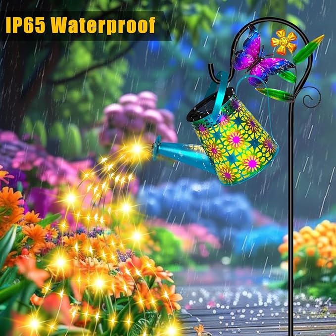 Solar Watering Can with Lights Waterproof Solar Lantern with Butterfly Shepherd Hook Hanging Garden Lights for Patio Yard Lawn Porch Outdoor Decoration 2 Pack