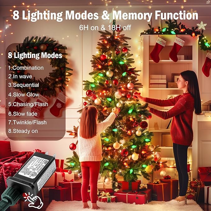 C9 LED Christmas String Lights - 82ft 100 LED Outdoor String Lights with Timer and 8 Lighting Modes Plug in Extendable Roofline Lights String for Outside Yard Porch Christmas Holiday Decoration