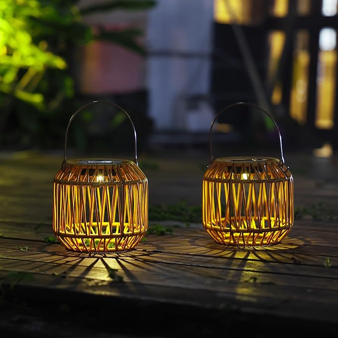 Solar Outdoor Rattan Lanterns Decorative Hanging Lights for Patio Garden Backyard（Two Pack）(Style 1)