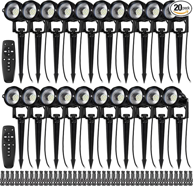 20 Pack 12W Dimmable LED Landscape Lights IP67 Waterproof Landscape Lighting with Remote 2700K-6500K Color Adjustable 12V-24V Low Voltage Outdoor Spotlights for Garden Pathway Yard Patio