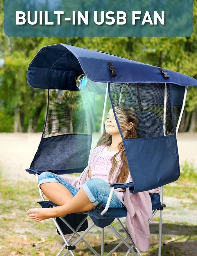Beach Chair with Canopy Shade and Fan – 360° Rotatable &amp 3-Speed Airflow Camping Chair with Canopy and Powerful &amp Quiet Fan Cup Holder Side Pocket – Supports 330 LBS