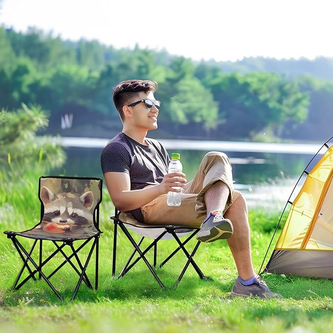 Raccoon Hold Fruit Portable Camping Chairs Folding Chair - Durable Oxford Fabric Lightweight Iron Frame Easy Fold Design - Ideal for Outdoor Activities Camping Fishing and Travel