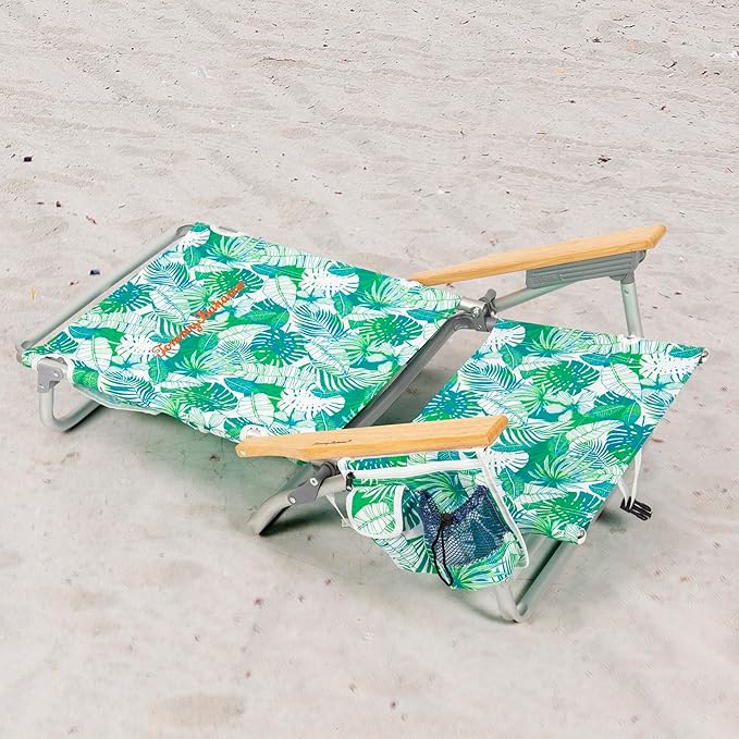 Tommy Bahama 2-Pack 5-Position Classic Lay Flat Backpack Beach Chair with Cooler and Cup Holder Portable Folding Beach Chair for Tanning Tropical Leaves