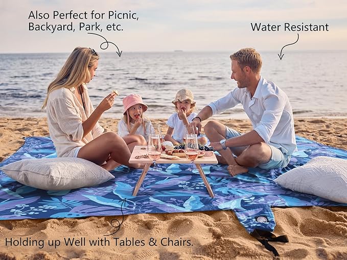 WEKAPO Beach Blanket Waterproof Sandproof Oversized Extra Large Beach Mat Sand Free Lightweight &amp Compact Sand Free Mat with 6 Stakes &amp 4 Corner Pockets