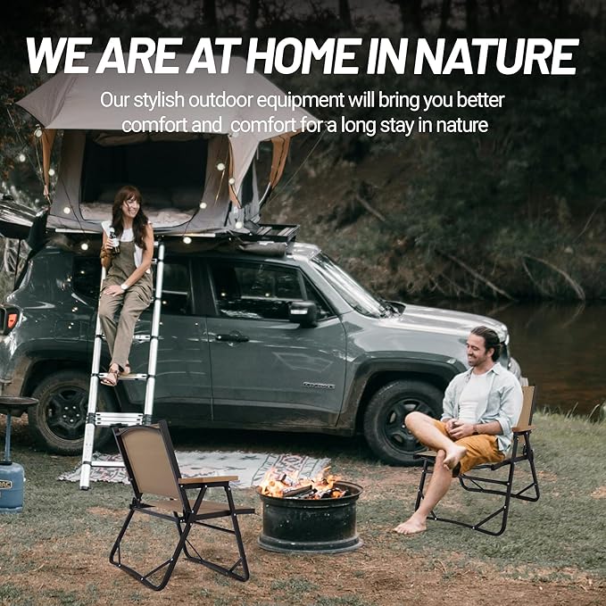 Lightweight Folding Camping Chair Gravel Brown Aluminum Outdoor Beach Chair with Solid Wood Armrest Portable Collapsible Fishing Chair for Hiking Beach Backpacking Lawn Picnic (1)