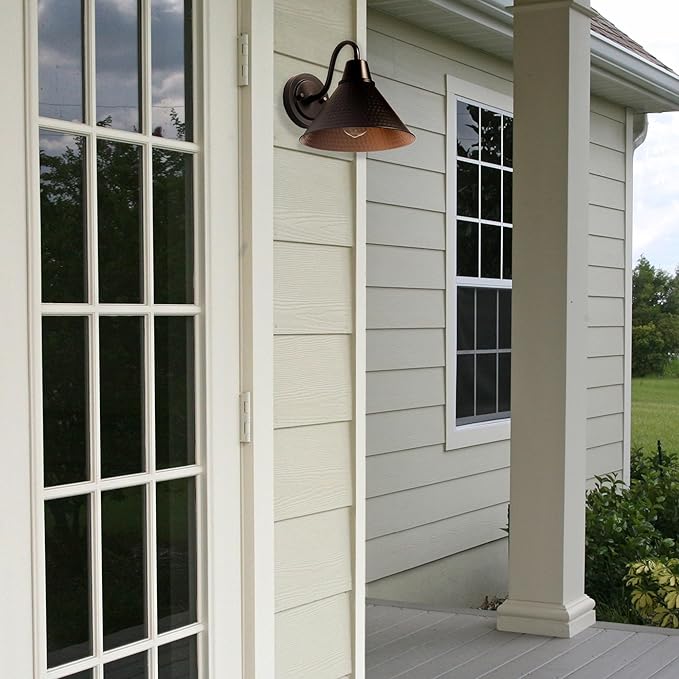 Globe Electric 60000013 1-Light Outdoor Wall Sconce Bronze 9 Warehouse Shade Painted Gold Interior Gooseneck Stem Porch Light Wall Lighting Patio Décor
