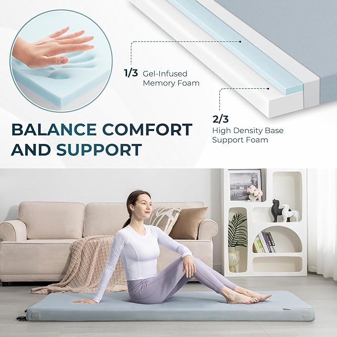 Kingfun 3 Inch CertiPUR-US Memory Foam Camping Mattress Waterproof Roll up Sleeping Pad Thick Floor Sleeping Mats for Tent with Removable Travel Bag