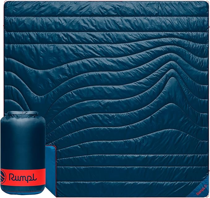 Rumpl Original Puffy Blanket - Warm Puffy Camping Blanket 100% Recycled Polyester Insulation Lightweight Packable Water-Resistant Outdoor Puffer Blanket 84x80 Deepwater