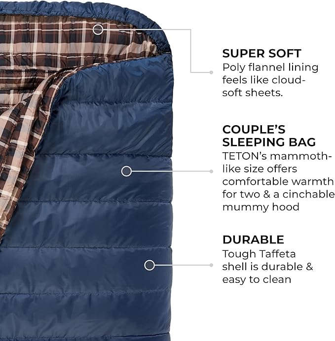 Teton Mammoth Queen Size Double Sleeping Bag- A Warm Bag The Whole Family can Enjoy – Great for Camping Hunting and Base Camp. Compression Sack Included