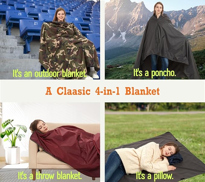 4-in-1 Large Camping Blankets - Waterproof Windproof Fleece Outdoor Blankets for Stadium Sports Car Concert - 81x57 Portable (Antique Ruby)