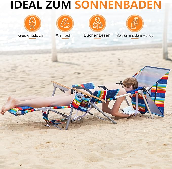 Oversized Heavy Duty Backpack Beach Chair with Sun Canopy Reclining Lounge Chair Tanning Chair with Face Hole 5-Position Foldable Camping Chair for Outdoor Sunbathing Beach Patio Pool (Multi Color)