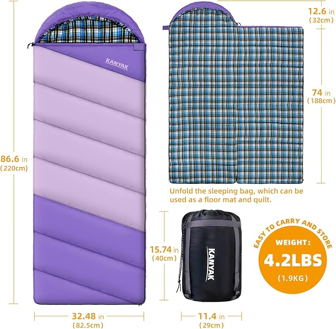 Cotton Flannel Lined Sleeping Bag for Adults Teens Kids Cold Weather &amp Warm 3 Seasons Lightweight Compact Camping Essentials Equipment Hiking Outdoor Travel