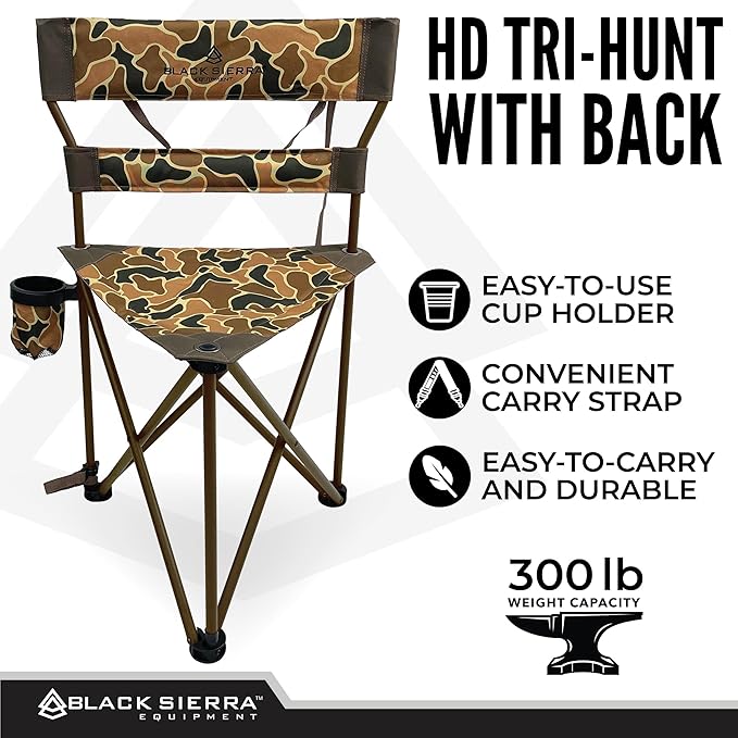 Black Sierra HD Tri-Hunt with Back Hunting Stool Foldable Tripod Seat w/Steel Frame Supports 300-lb Heavy Duty Fishing Chair Features Cup-Holder &amp Carry Shoulder Strap for Camping