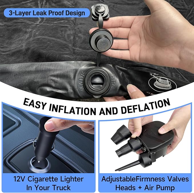 Truck Bed Air Mattress Full Size Truck Beds Inflatable Air Mattress Bed with Air Pump 2 Pillows Carry Bag Pickup Bed Air Mattress for Chevrolet Silverado Dodge Ram Ford Black