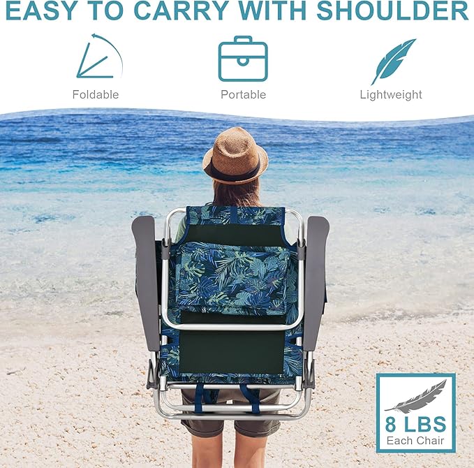 COSTWAY Backpack Beach Chairs Set 3-Piece Portable Camping Chairs with Cup Holder Ice Bag 5-Position Outdoor Reclining Chairs for Adults Travel Sunbathing Support 300 LBS Navy