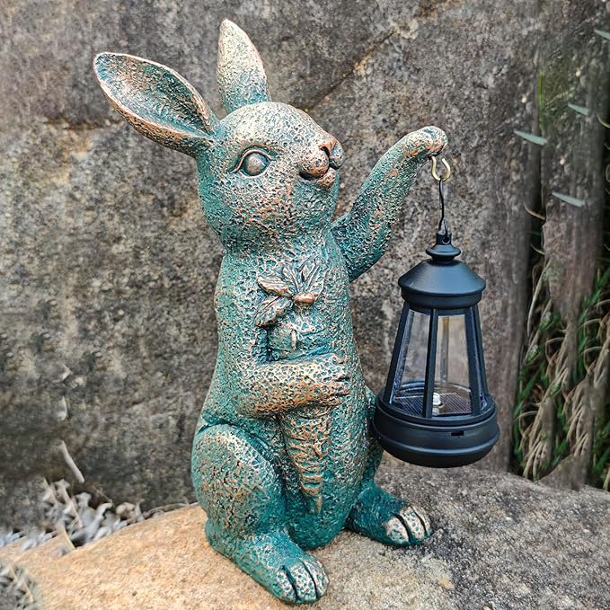 Solar Garden Statues -Rabbit Lantern Outdoor Handmade Resin Statue with LED Light Cute Carrot Holder for Patio Yard Gift Ideas (rabbit2)