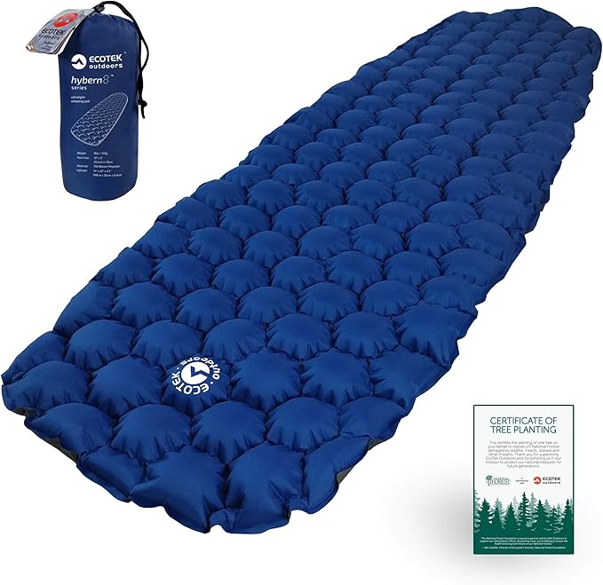 ECOTEK Outdoors Hybern8 Ultralight Inflatable Sleeping Pad with Contoured FlexCell Honeycomb Design - Easy to Inflate Comfortable Lightweight Durable and Hammock Approved [Ocean Blue]