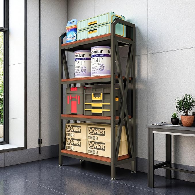4-Tier Bakers Rack 56 Kitchen Storage Shelf Metal &amp Wood Open Shelving Unit for Pantry Garage Bathroom Living Room - Adjustable Freestanding Organizer Black Brown