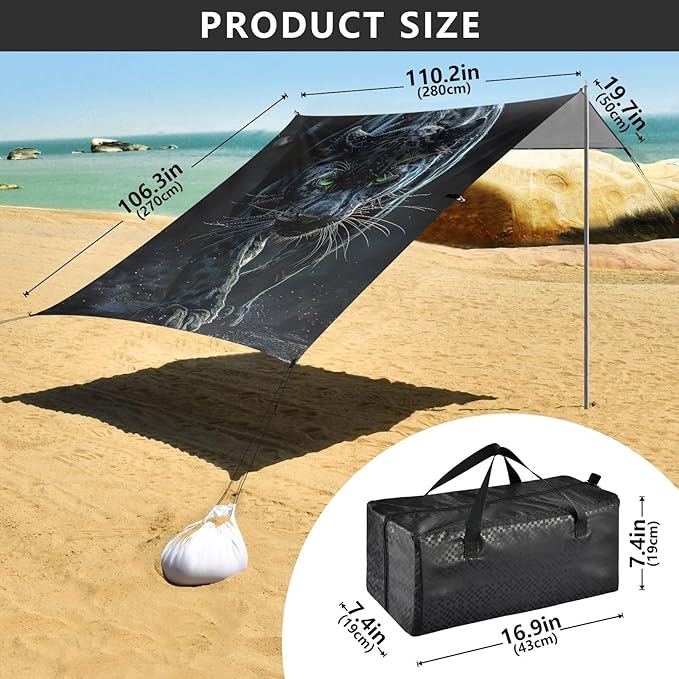 Black Leopard Beach Tent Sun Shelter 9.2' x 10.5' Beach Canopy with 4 Sandbags 4 Stability Poles Sand Shovels - Tent Canopy for Beach Camping Fishing Picnics