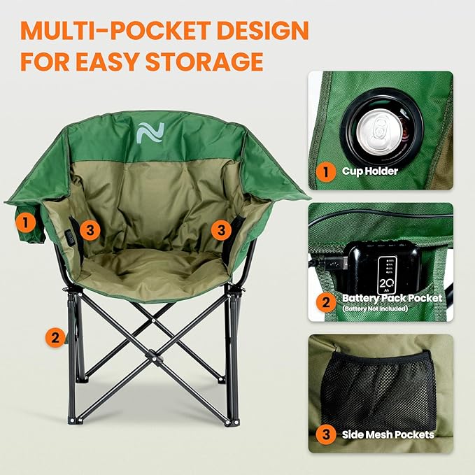 NAIZEA Heated Massage Camping ChairsHeated Outdoor Chair w/3 Heating Mode Oversized Heated Chair for Adults Heavy Duty Folding Camping Chairs for CampFishing Sports EventsNOT Included Battery