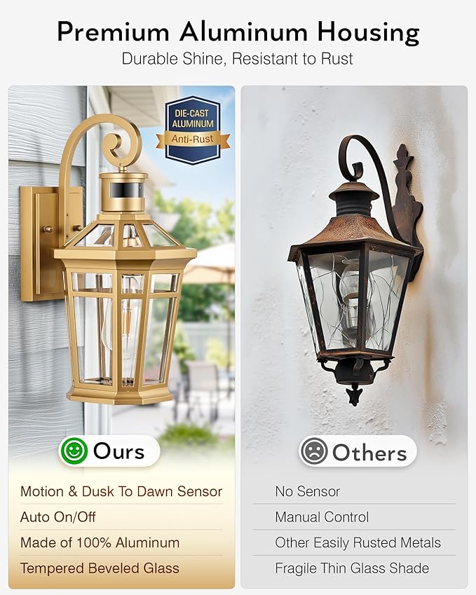 Motion Sensor Front Porch Light Gold Outdoor Light Fixture Wall Mount Outdoor Wall Lantern Sconce Light with Beveled Glass Waterproof Carriage Lights Exterior Coach Lights for Garage Patio